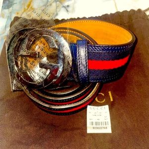 Authentic Gucci belt Ophidia •navy•blue•red• w. Chrome Interlocking GG buckle